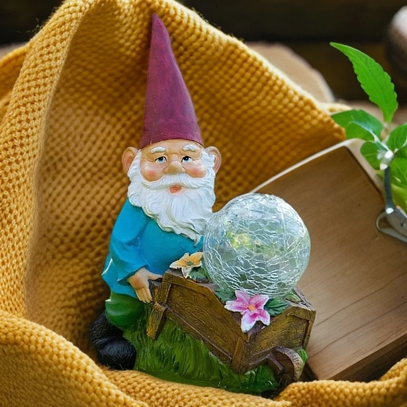 树脂地精老头推车太阳能发光庭院花园户外装饰品精灵摆件