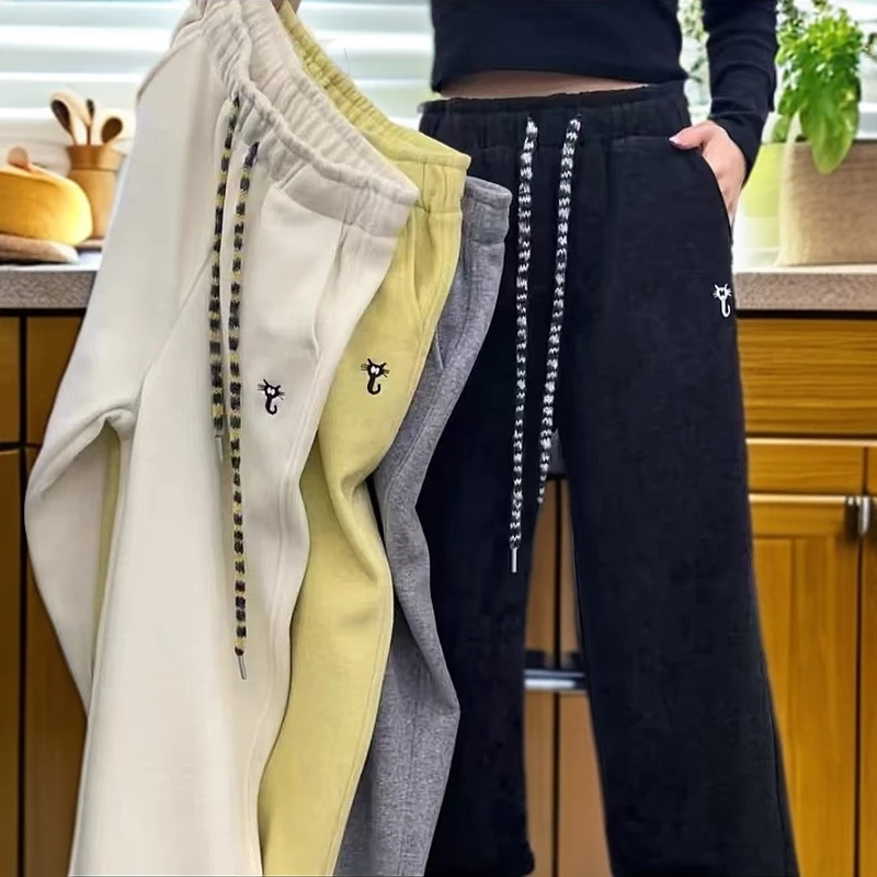 【WH】刺绣小猫加绒卫裤女欧货2024冬季高腰宽松显瘦休闲加厚运动裤
