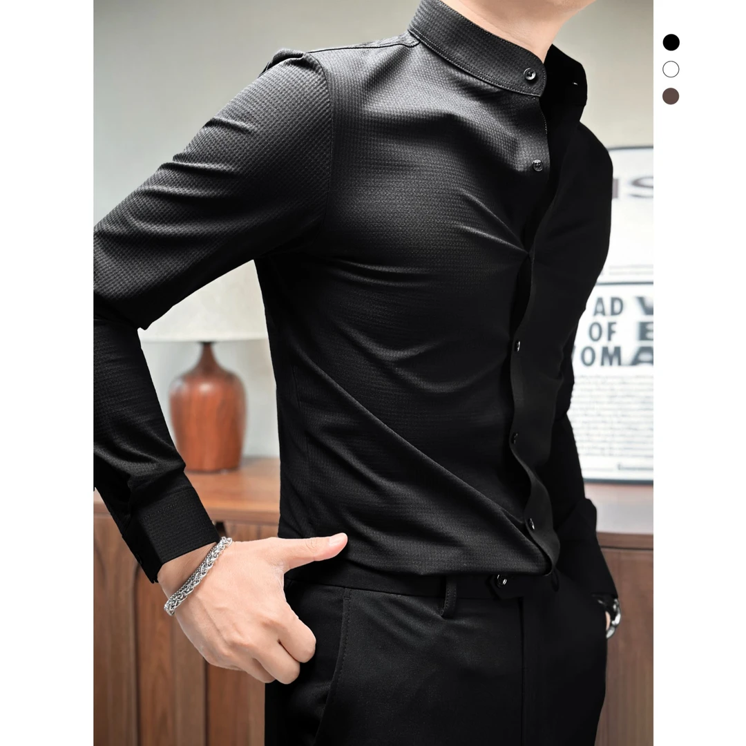 华夫格衬衣男款长袖秋季新款痞帅高级感男装极简立领衬衫男士上衣