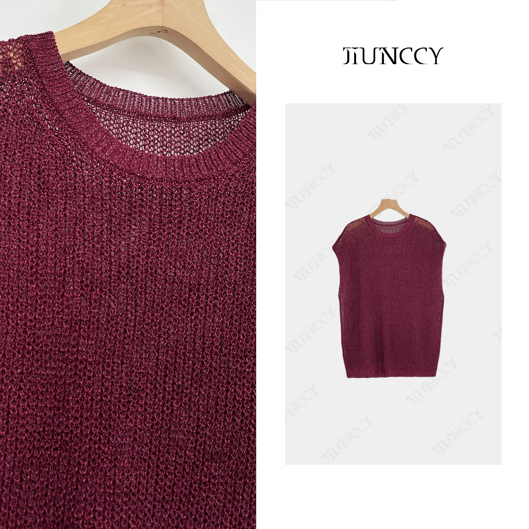 JIUNCCY【紫藤】定制进口和纸纱休闲宽松小飞袖镂空针织衫 24ZZ045