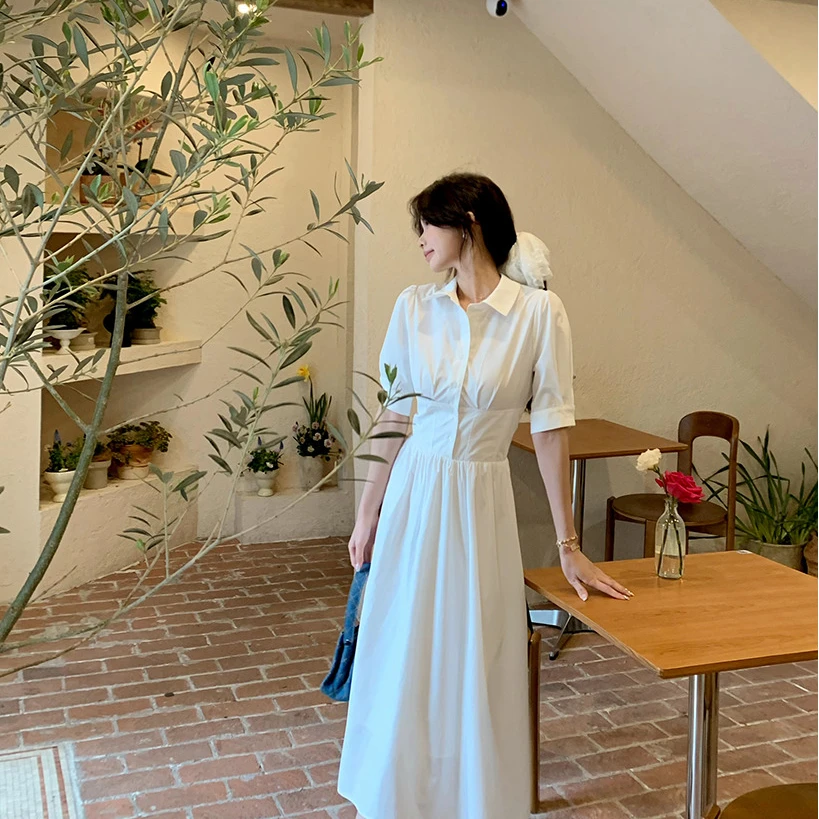 佐佐家小个子polo领法式气质白色收腰显瘦衬衫长裙女夏季连衣裙子