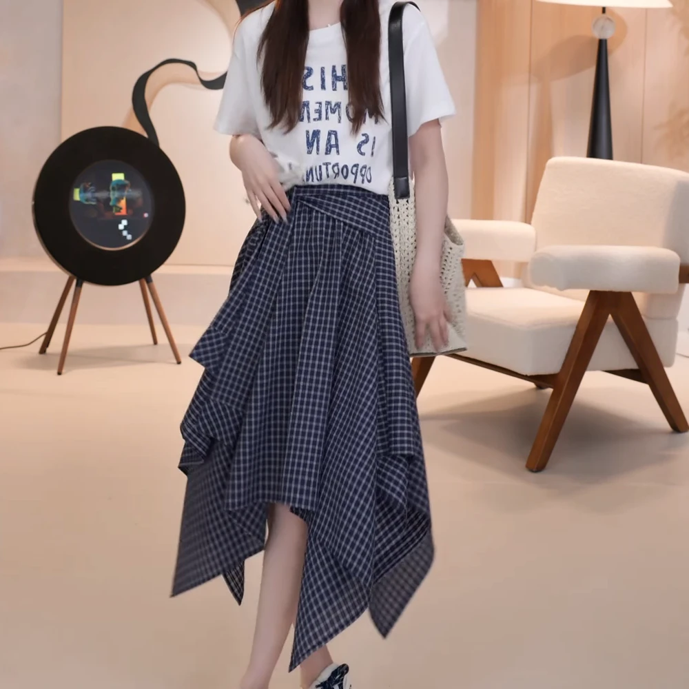 慵懒风时尚通勤套装女扭结字母t恤夏季不规则格子半身裙两件套