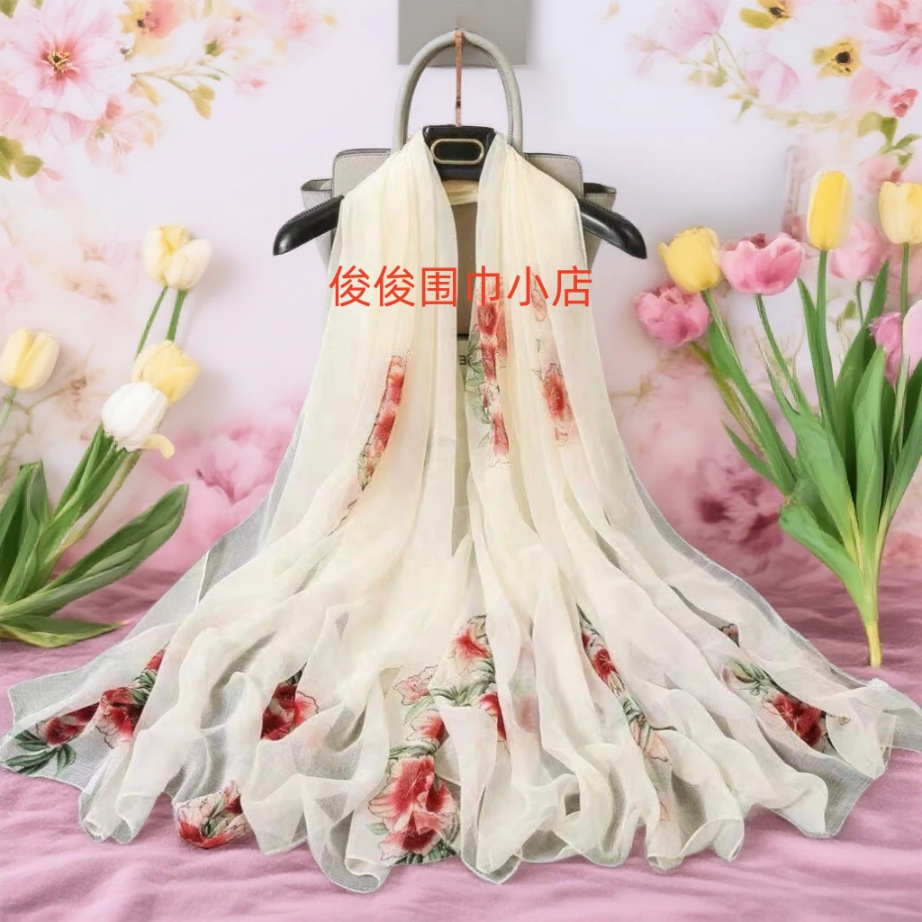 鳄鱼皱新款【米色寒梅傲雪】沙滩巾丝巾130*180