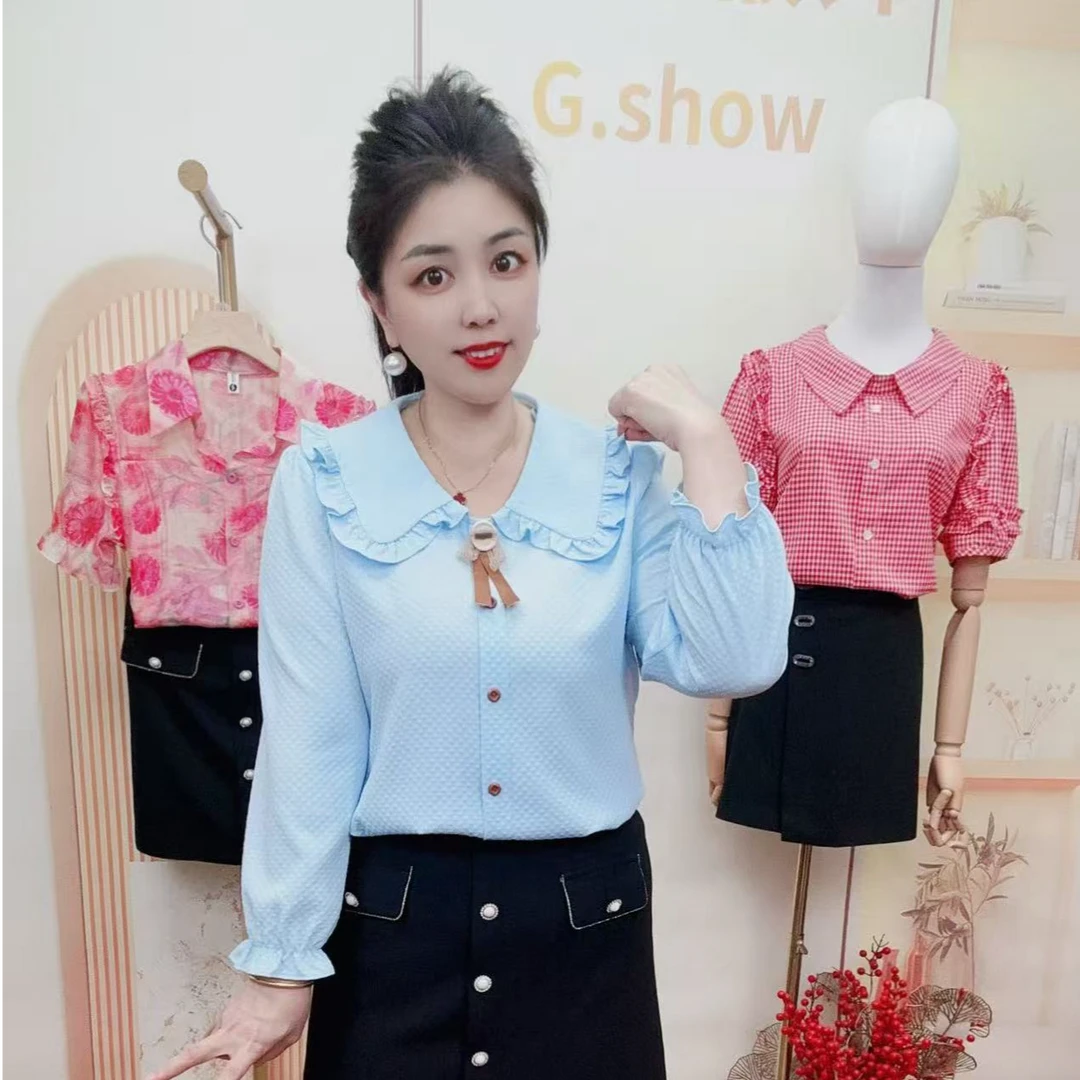 时尚花边娃娃领胸花遮肚子减龄百搭显瘦翻领上衣（8805长袖款）