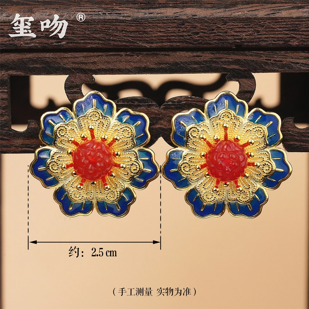 925银耳饰 【玺吻】s925银 金莲生辉 锦上添花 景泰蓝金莲花耳饰