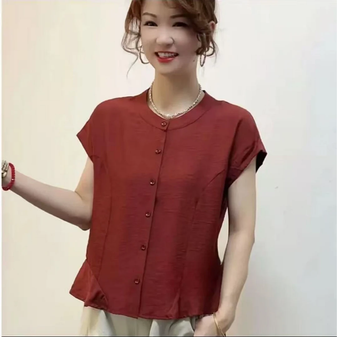 夏季新款圆领纯色休闲衬衫女显瘦减龄百搭气质女士薄款上衣女0629