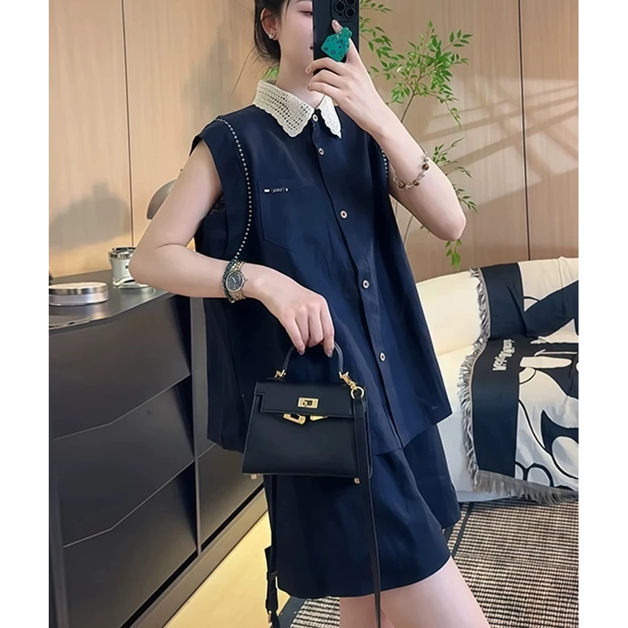 韩系设计感重工蕾丝领无袖衬衫短裤套装女2025新款气质显瘦两件套