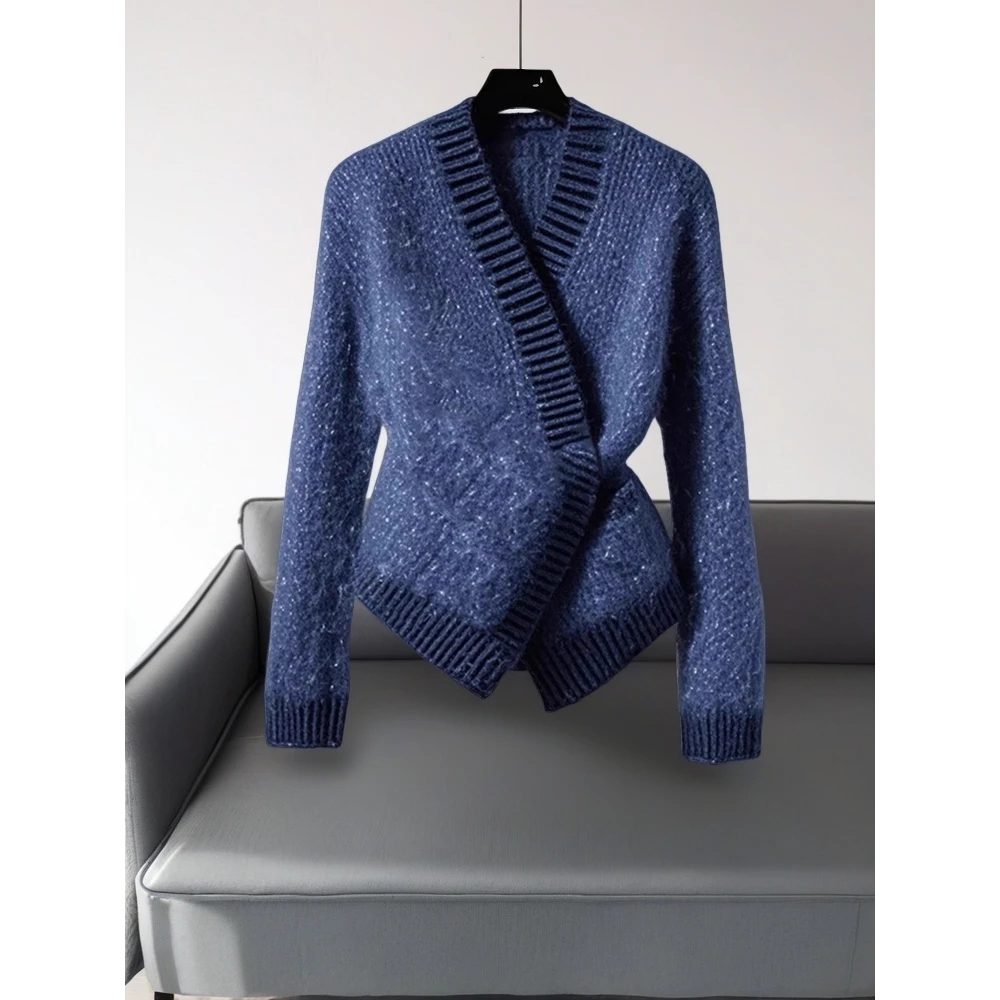 上身巨惊艳！复古软糯慵懒风针织衫高级感蓝色细闪毛衣外套女秋冬