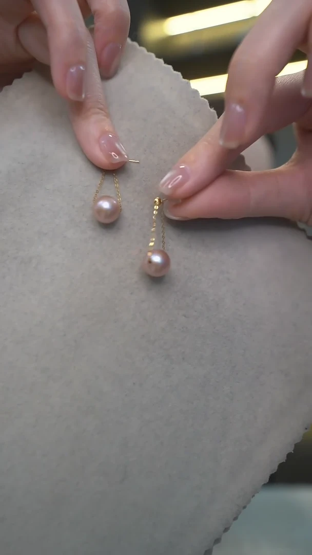 【闪购商品】淡水珍珠耳饰18K金镶嵌通体18K金     紫色秋千耳环