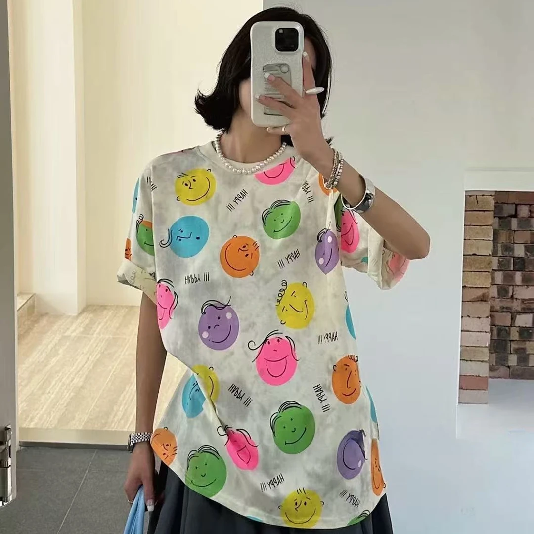 【晨浠定制】新款时尚百搭扩版笑脸T恤上衣两色1035