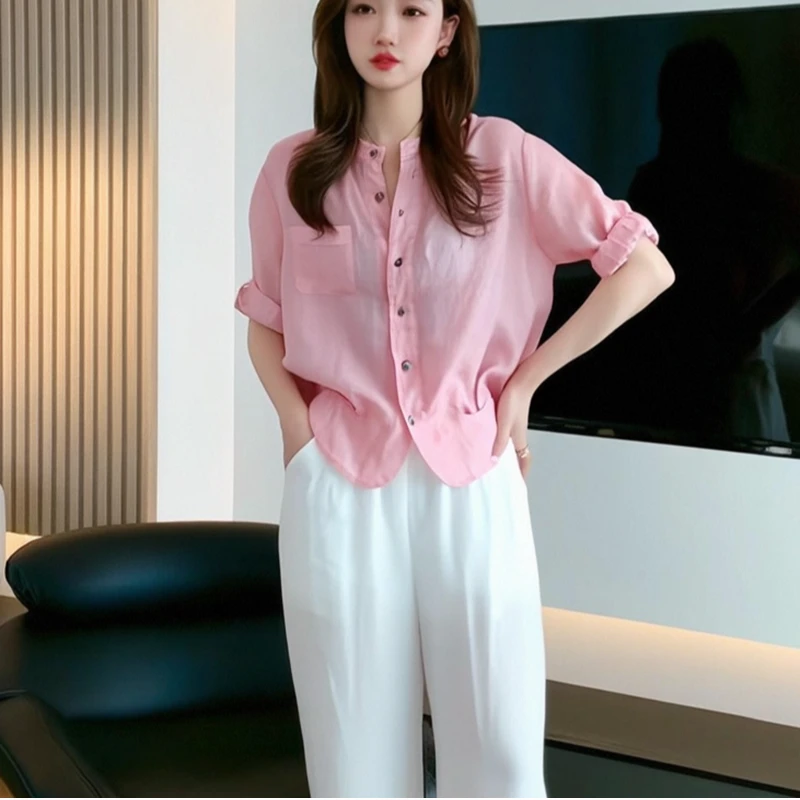 洋气宽松百搭纯色衬衫简约时尚中袖衬衣女LK2502910