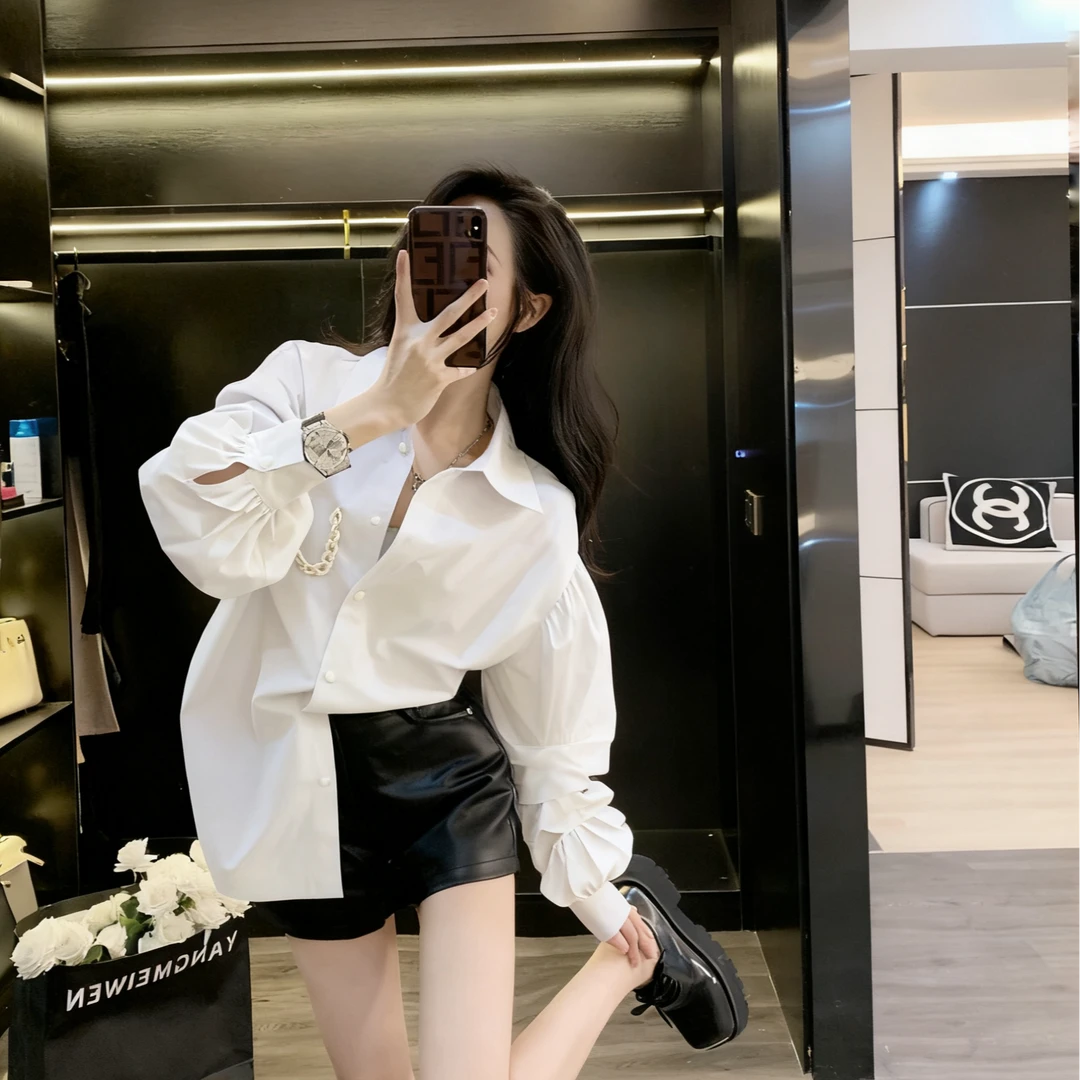 2025秋季新款法式气质高级感白色衬衫女韩系设计感露背百搭衬衣