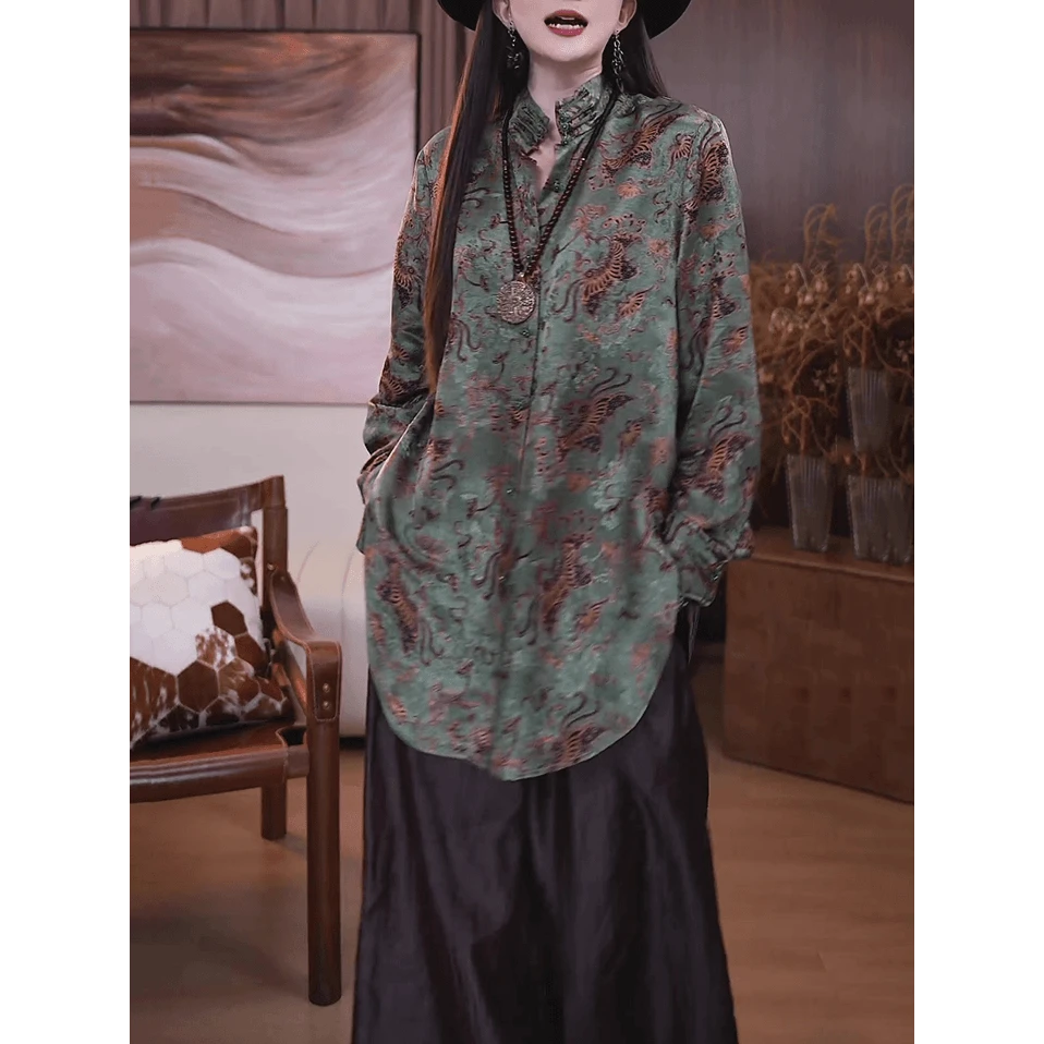 2025秋冬新款时尚复古套装女新中式宽松长袖衬衫＋阔腿裤两件套