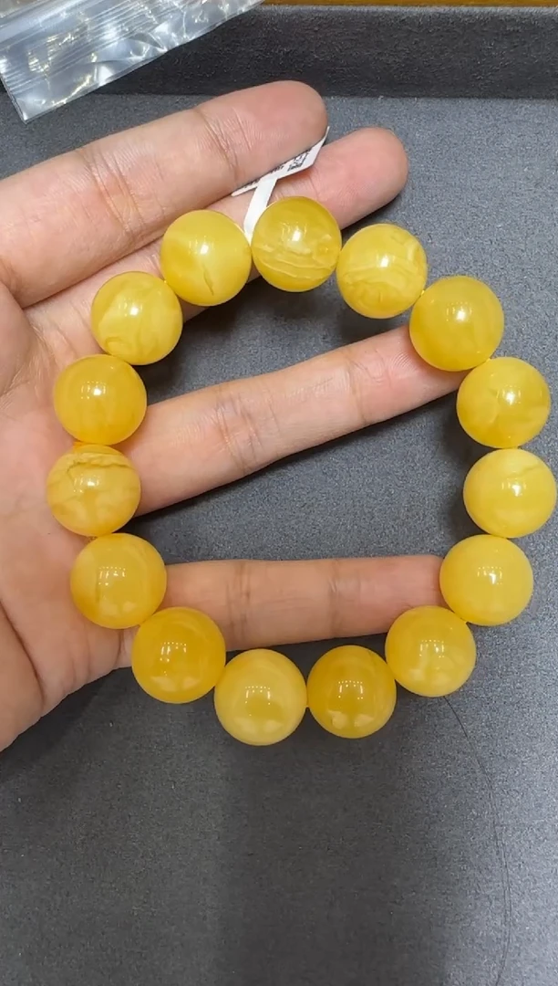 手链琥珀未镶嵌约14mm  俄料鸡油黄白花蜜蜡圆珠单圈手串