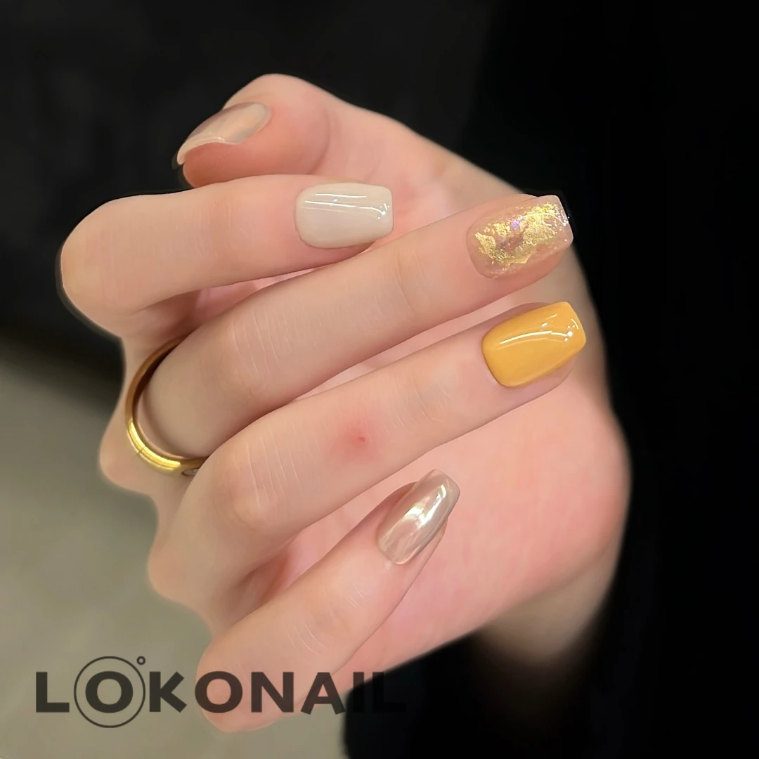 「立秋」蛋黄极光跳色金箔 简约ins显白气质重复穿戴式纯手工穿戴甲