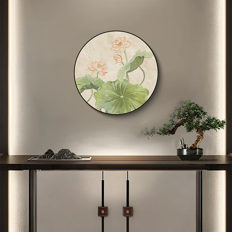 荷花圆形装饰画新中式入厅户玄关挂画客肌理餐厅画禅壁意荷花5050