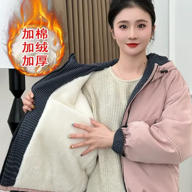 连帽格子拼接棉服外套女2025冬季新款小个子休闲百搭时尚棉衣外套