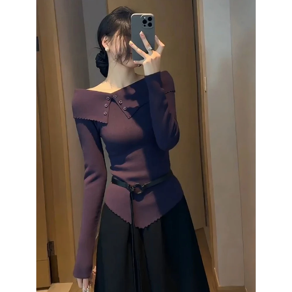 紫色上衣2025秋季新款设计感小众绝美漂亮气质修身内搭打底针织衫