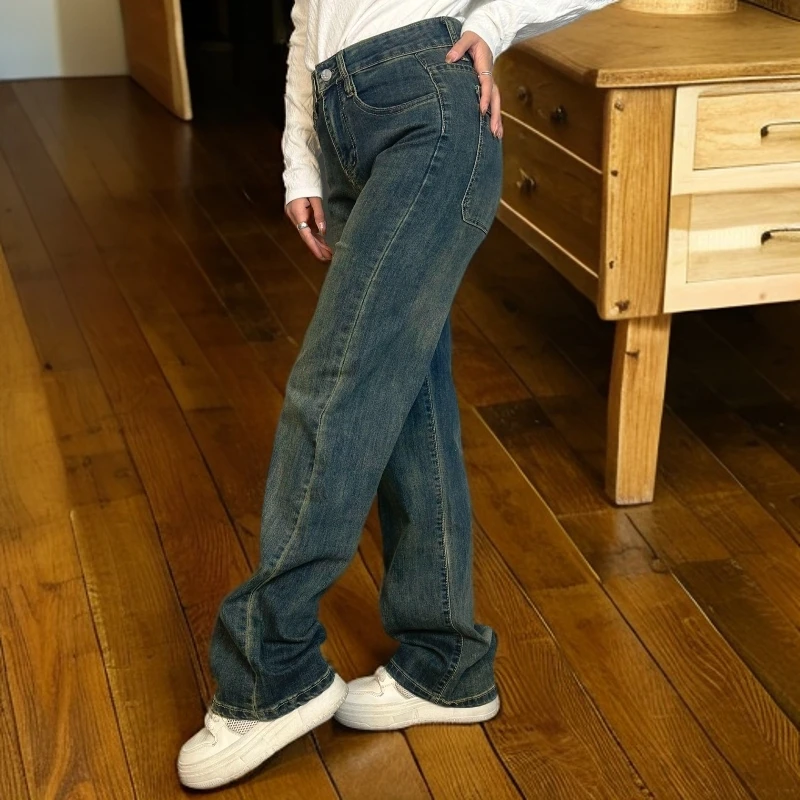 【8026】水泥灰阔腿牛仔裤女2024年新款复古宽松垂感直筒拖地裤子