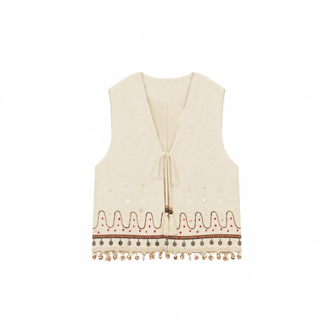 【九妹极简】复古透气舒适V领搭配贝壳织带背心马甲51C091700