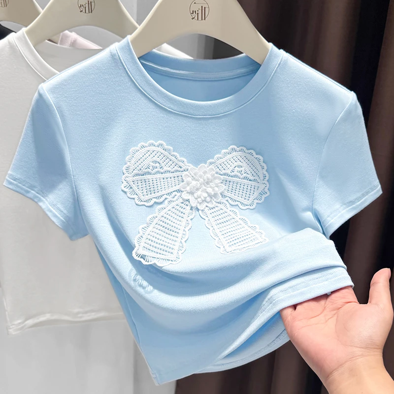 时尚百搭蓝色短款高腰设计T恤辣妹外穿圆领打底衫夏季薄款上衣女