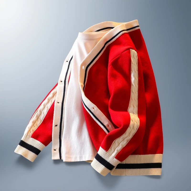 男童学生纯棉毛衣外套新款红色衣服中大童儿童v领针织开衫春秋装