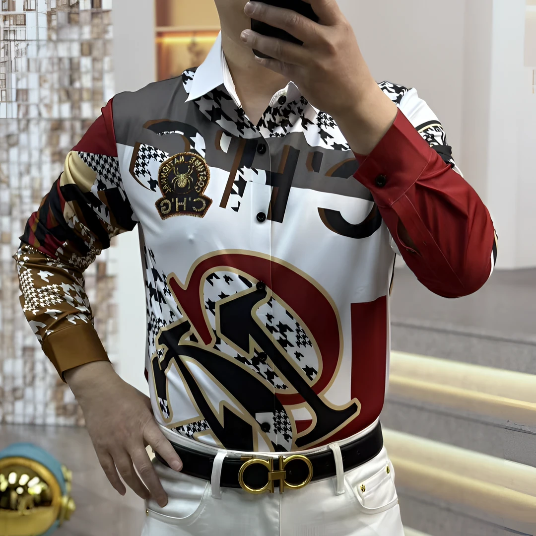 2025轩诚甄选新款免烫高弹力高品质潮流烫钻印花春长袖衬衣23816