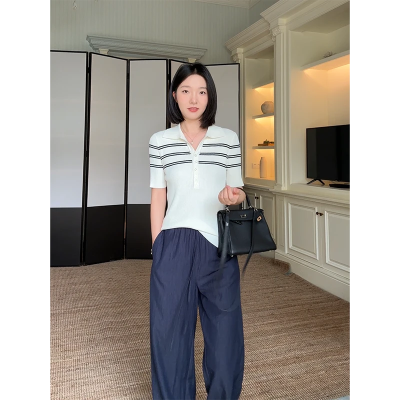 郭九九呢 韩系凉感v领显瘦针织上衣垂感宽松阔腿裤 G925Z07872