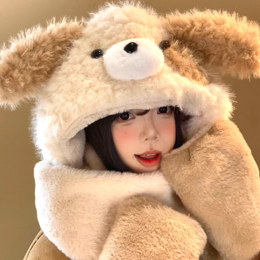 耳朵会动的小狗帽子围巾一体女秋冬季毛绒加绒保暖防寒手套三件套