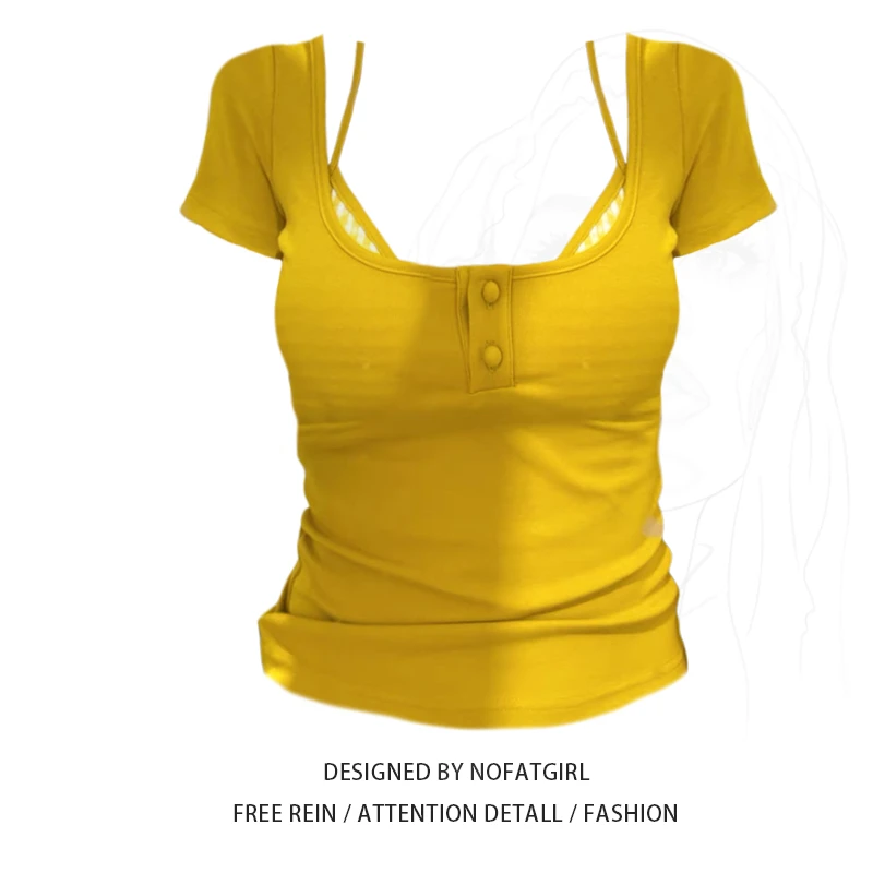 大码胖mm纯欲短袖T恤胸衣叠穿两件套女夏季独特吊带背心辣妹套HH