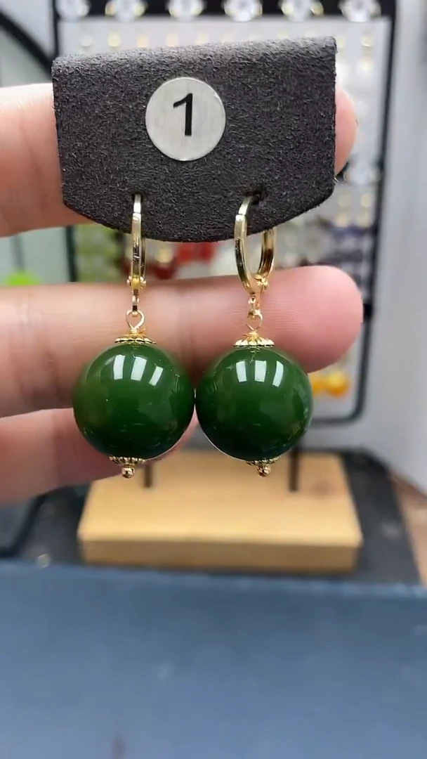 银S925镀金镶嵌和田玉耳饰尺寸16mm耳扣22