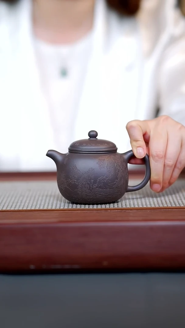 茶壶紫砂02-微瑕全手天青竹林七贤匏尊220cc