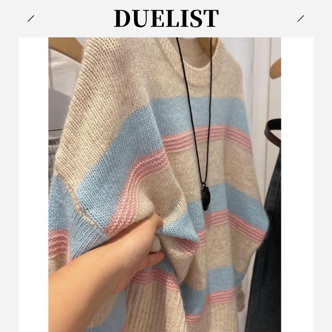 DUELIST条纹圆领针织宽松的慵懒风格秋冬新款日式软糯针织衫上衣
