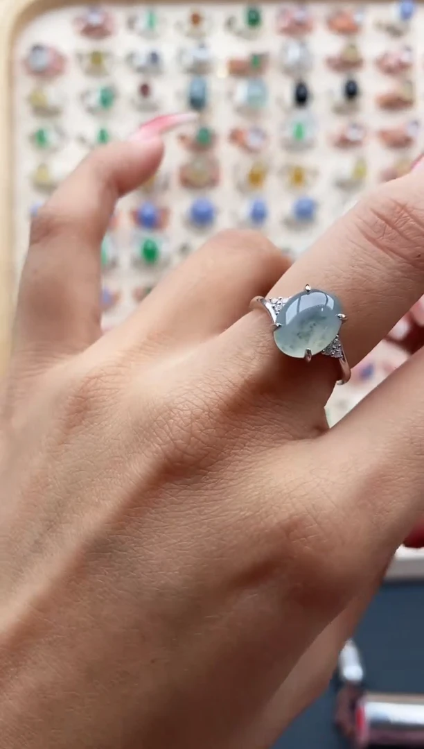 【闪购商品】翡翠戒指银S925镶嵌缅甸天然A货翡翠111   8-5