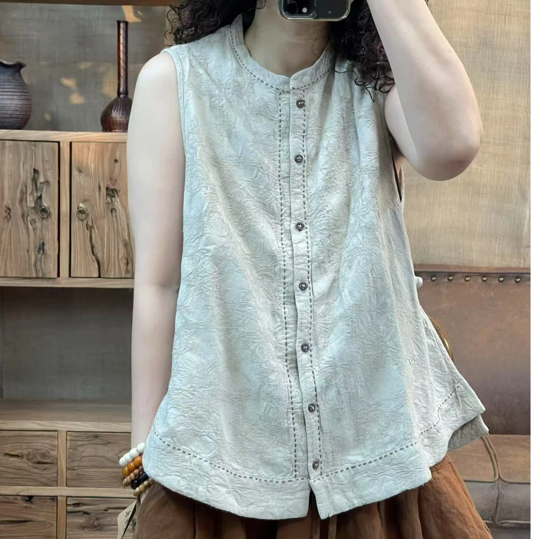 [四月阳光]新品夏季提花亚麻炒色A版复古休闲马夹(长60)