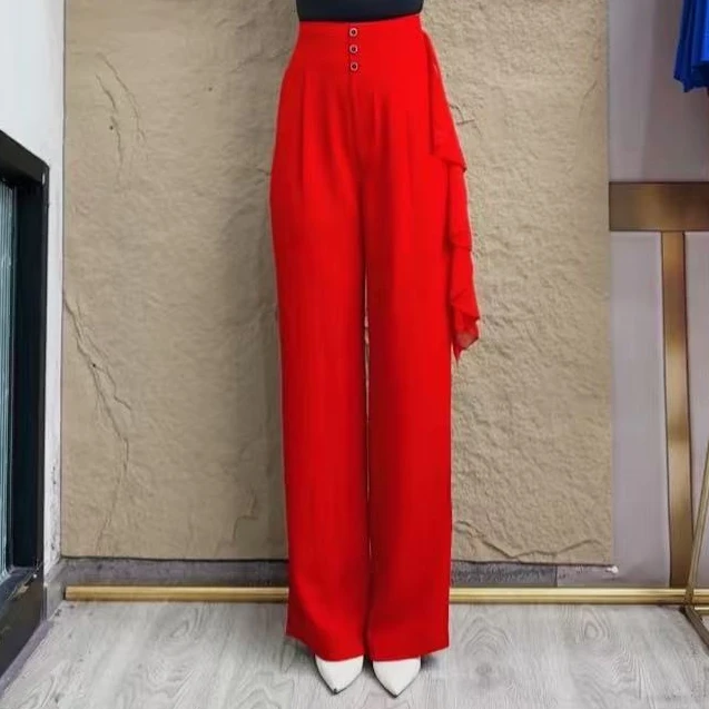 欢舞阁摩登舞裤广场舞百搭阔腿裤垂感口袋三粒扣飘带女裤B0268