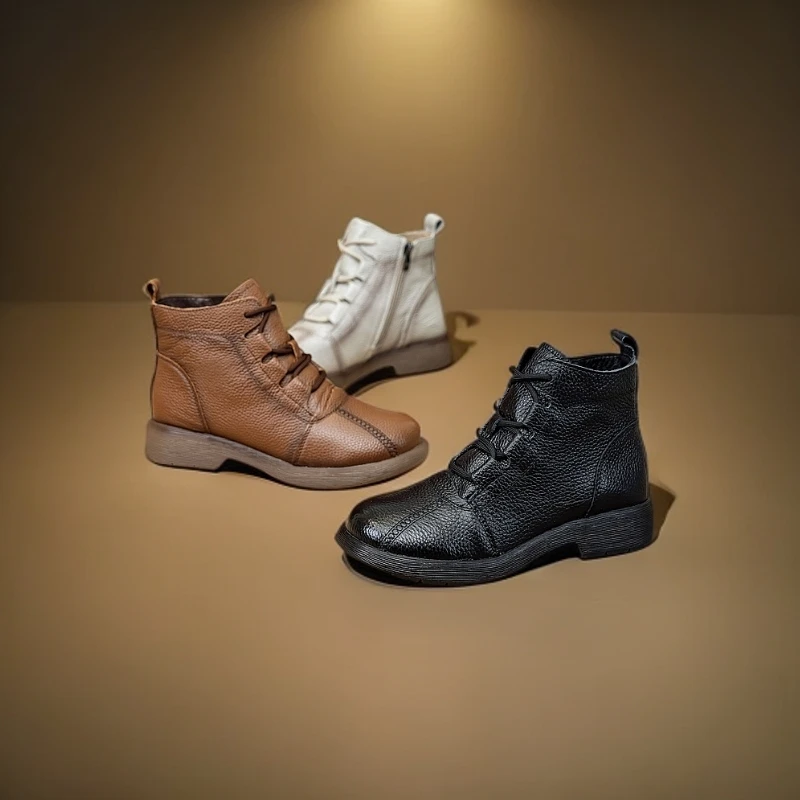 真皮牛皮时尚马丁靴，2024冬季新款舒适休闲百搭软底复古加绒平底