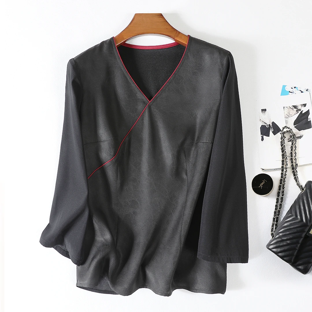 100%桑蚕丝重磅香云纱高端女装V领宽松撞色包边百搭真丝T恤夏季