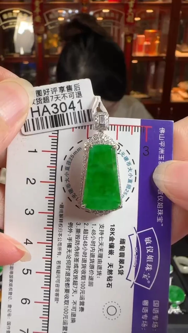 颈饰18K金镶嵌翡翠HA3041冰辣绿无事牌