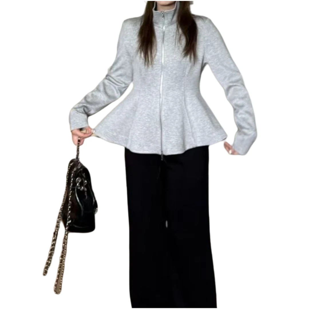 【花苞少女】特鲁推荐收腰花边下摆立领外套新款遮肉显瘦短款上衣