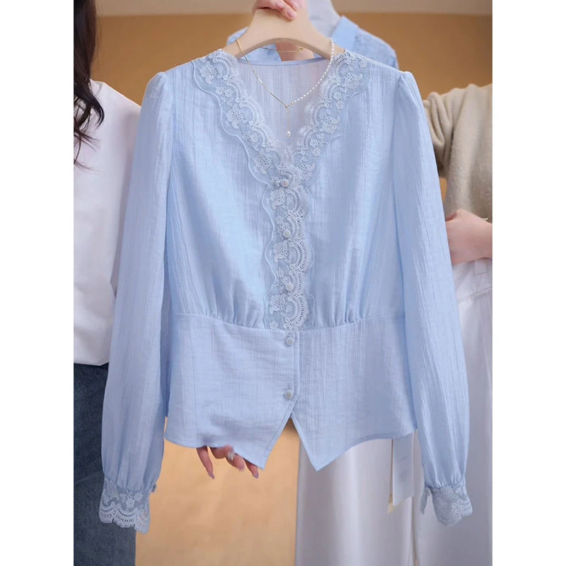 法式高级感蕾丝花边V领长袖衬衫女2025春百搭独特漂亮小衫衬上衣