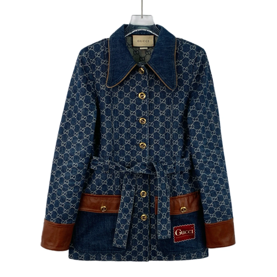 99新 GUCCI/古驰 H21756 深蓝色logo棉质腰带款夹克外套 38 S码