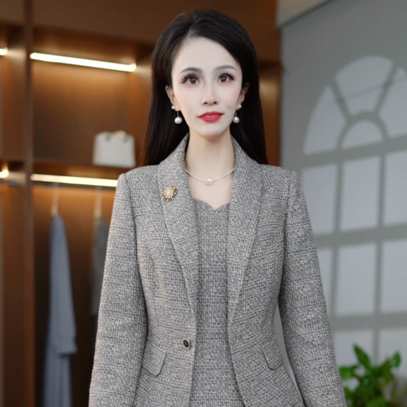 秋季上新时尚轻奢典雅银灰西装外套连衣裙女套装两件套M-4XL