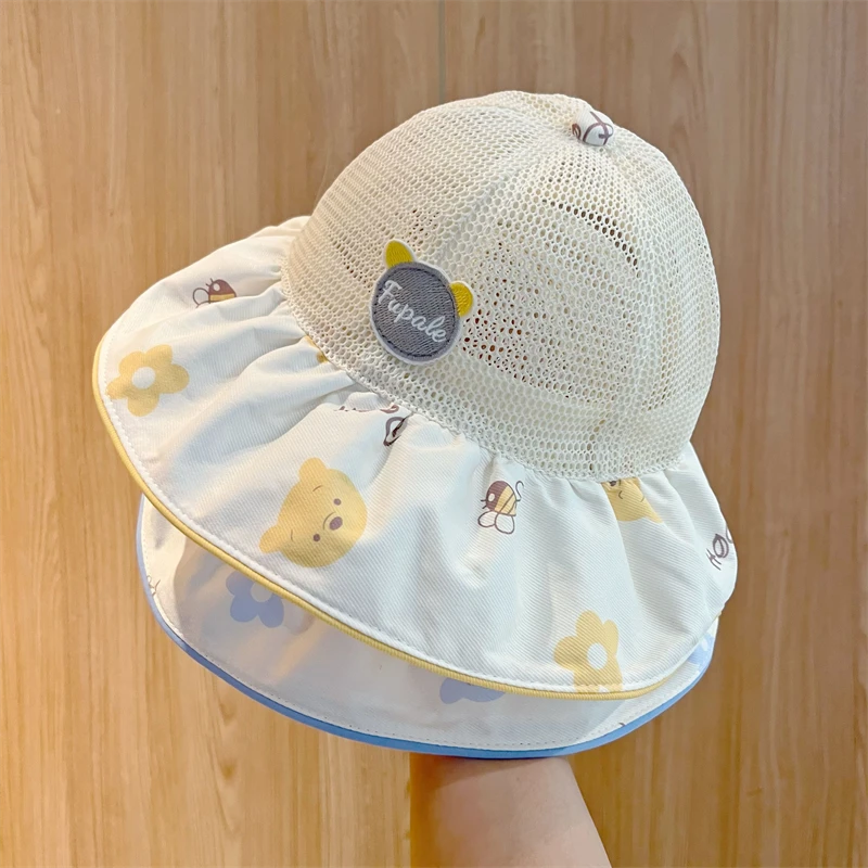 婴儿防晒帽子夏季薄款大檐小熊渔夫帽男女宝宝网眼透气太阳遮阳帽