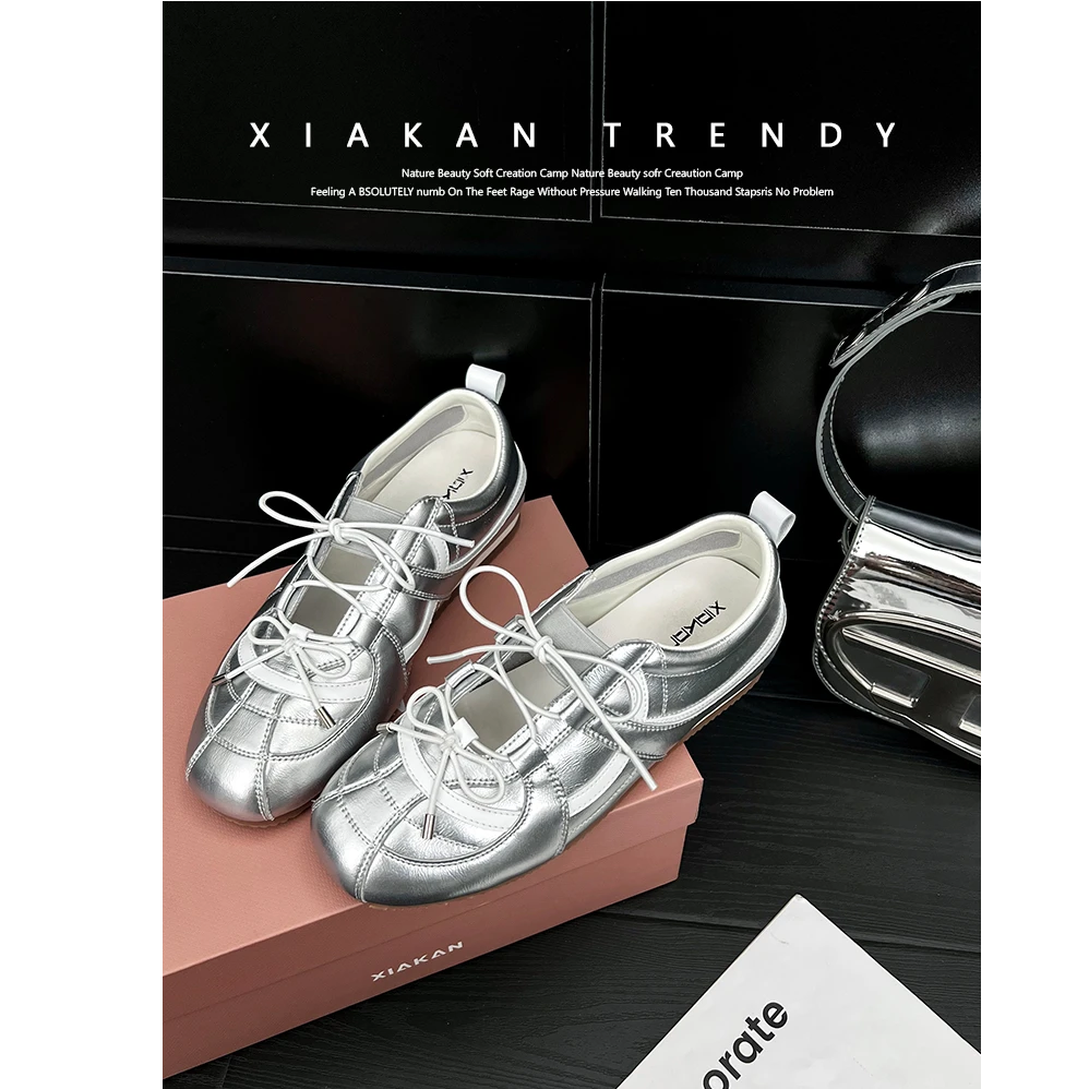 韩版运动银色玛丽珍鞋懒人单鞋女2025年新款内增高5cm芭蕾德训鞋