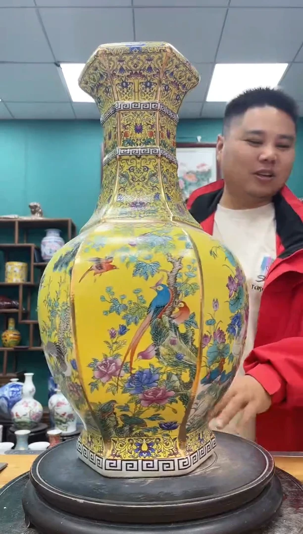 摆件大号六方黄珐琅陶瓷摆件