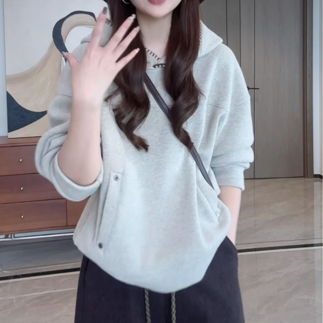 2025秋季新款韩系ins风宽松连帽衫撞色边口袋气质加绒保暖卫衣女