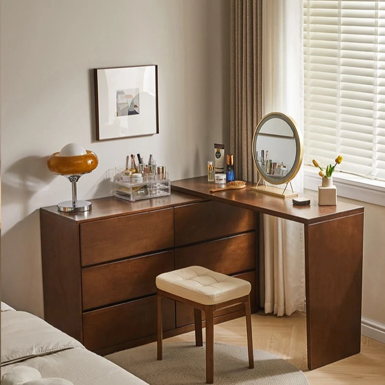【1m】橡胶木新中式多功能卧室梳妆台写字台六斗柜（长1m深40高80）