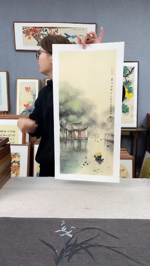 【闪购商品】国画王嘉诚-手绘带框作品-35*68-水乡