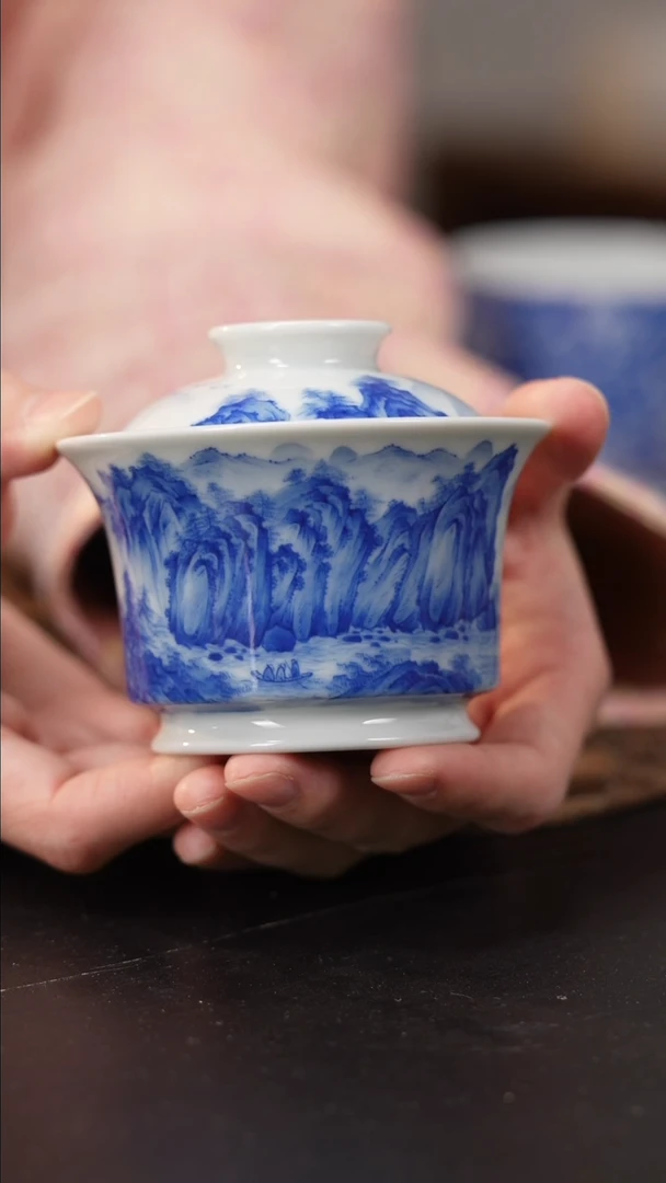 【闪购商品】杯看山柴窑青花赤壁盖碗